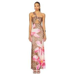NWT Runaway The Label Kyree Maxi Dress S Leopard Floral One Shoulder Cutout